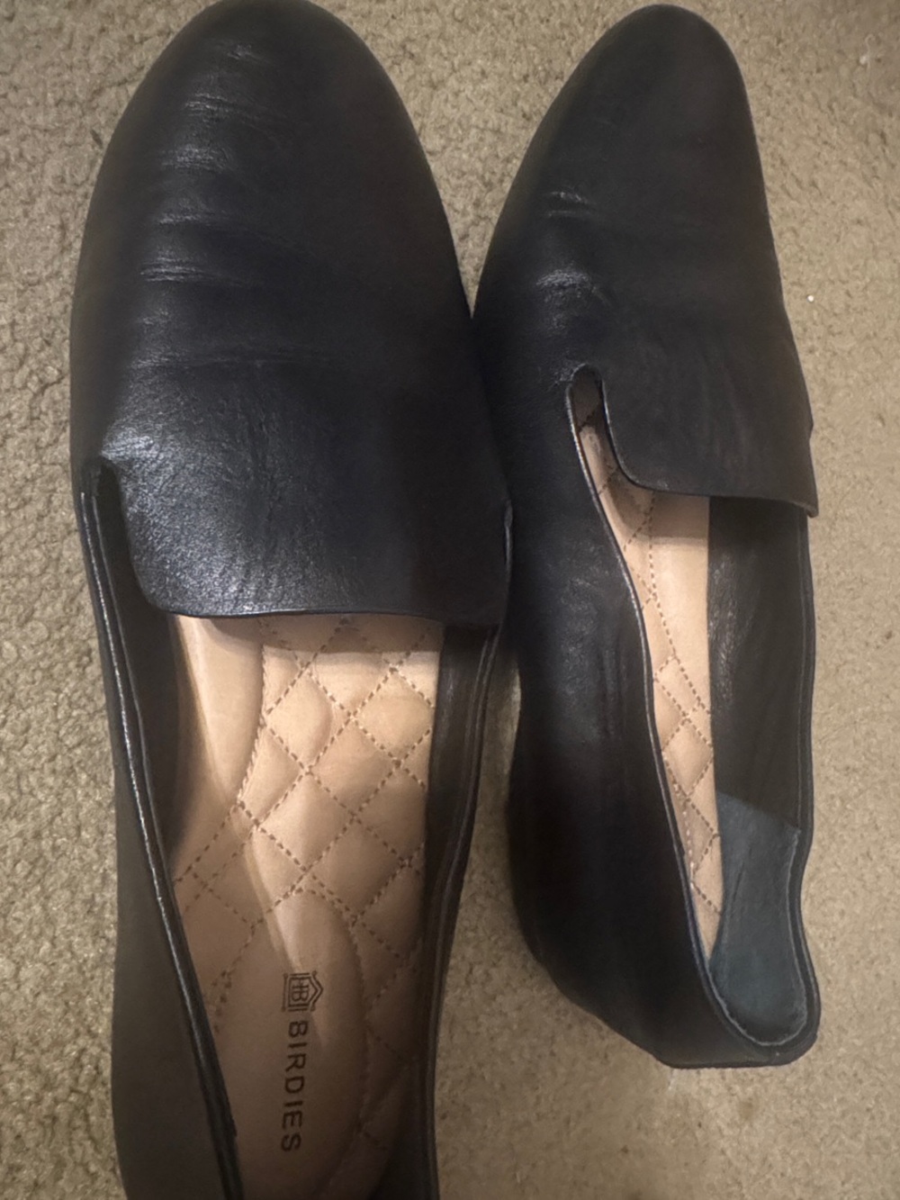 Birdies Black Leather Quilted-Insole Slip-Ons